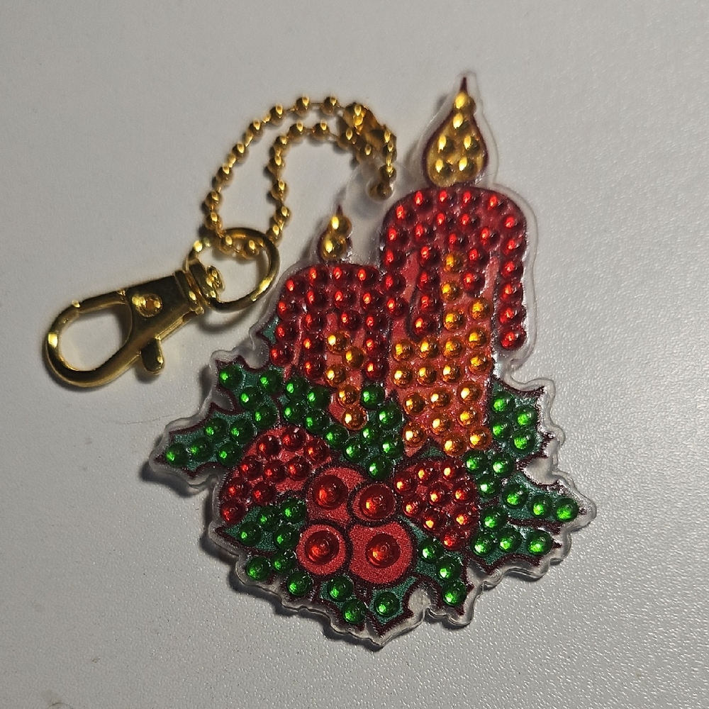 Festive Red and Green Candle Keychain Diamond Art Style